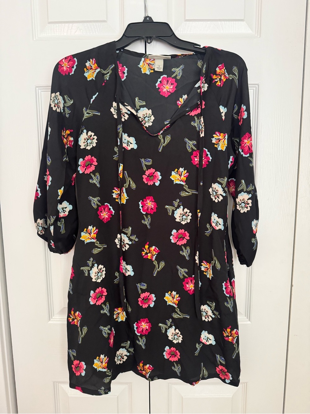Black Floral Tie-Neck Tunic Dress with Pink & Cream Blooms